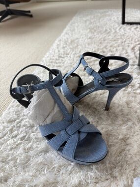 Yves Saint Laurent Tribute Denim Blue Strappy High Heel Sandals